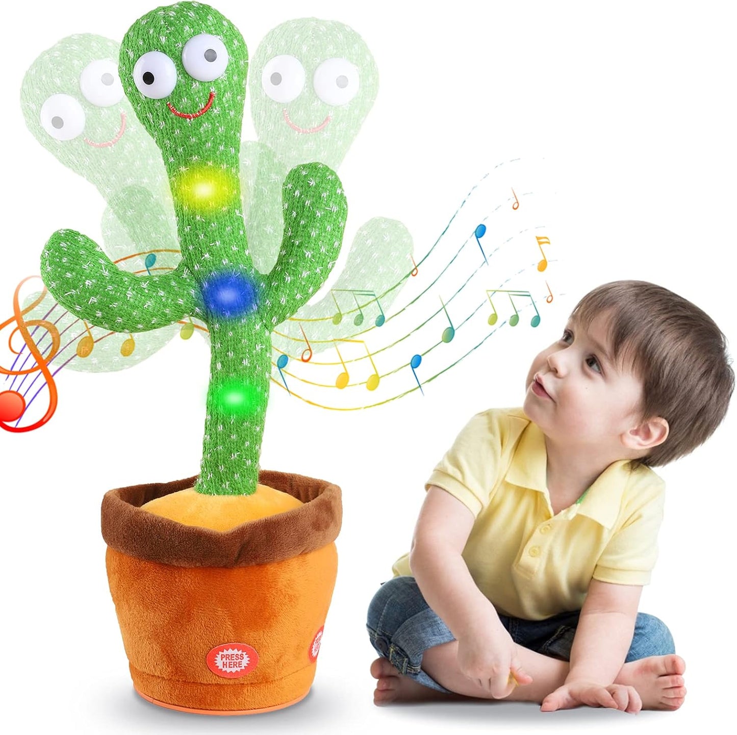 A young child in a yellow shirt watches the Toyfetti CactusBuddy – a dancing, talking plush toy with glowing lights and music – groove in its brown pot, keeping kids smiling and engaged.