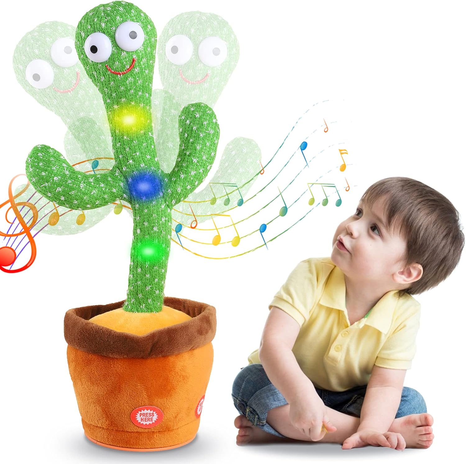 A young child in a yellow shirt watches the Toyfetti CactusBuddy – a dancing, talking plush toy with glowing lights and music – groove in its brown pot, keeping kids smiling and engaged.