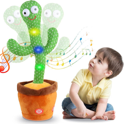 A young child in a yellow shirt watches the Toyfetti CactusBuddy – a dancing, talking plush toy with glowing lights and music – groove in its brown pot, keeping kids smiling and engaged.