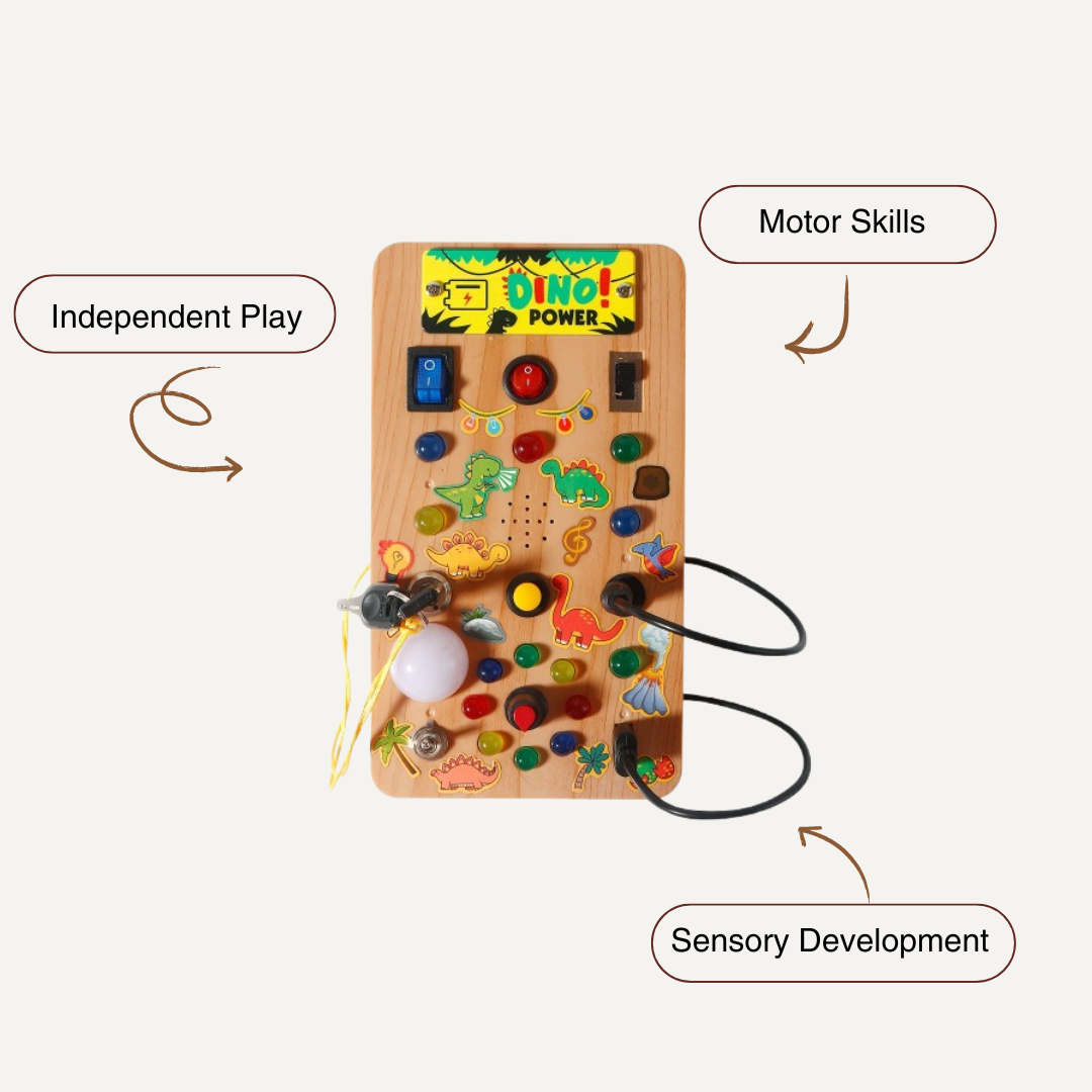 The Toyfetti Dino Busy Board – Interactive Light & Sound Activity Panel features dinosaur stickers, colorful buttons, switches, gears, and cords. Text bubbles highlight benefits: Independent Play, Motor Skills, Sensory Development.