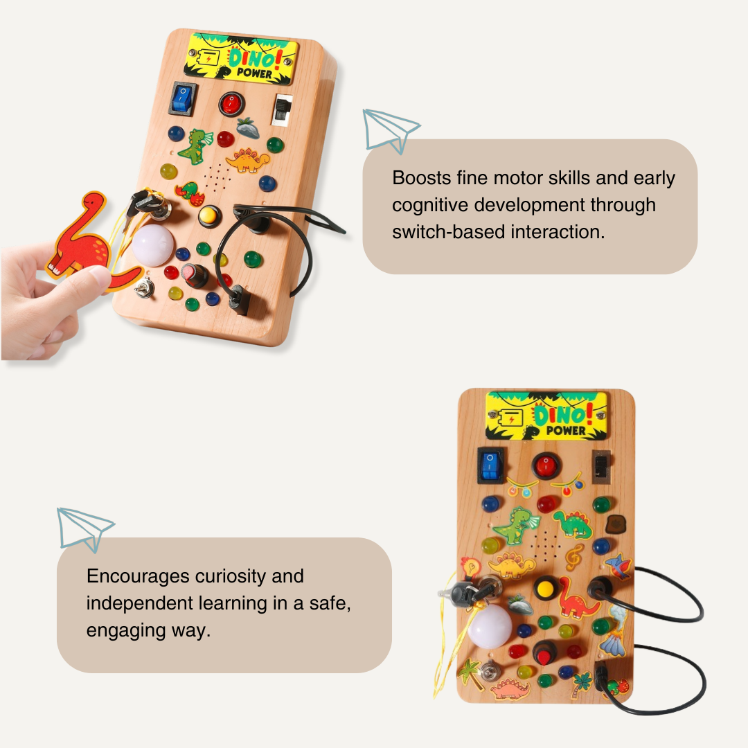 The Toyfetti Dino Busy Board – Interactive Light & Sound Activity Panel features switches, gears, lights, and colorful elements for kids to develop fine motor and developmental skills through hands-on play.