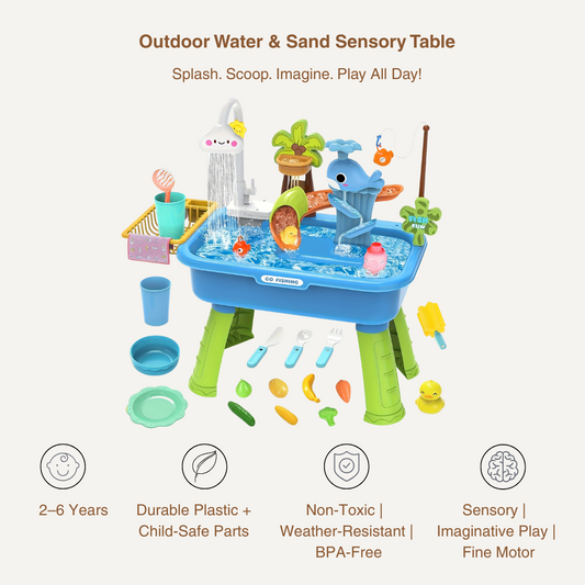 The Toyfetti Water Table – Multifunctional Outdoor Play Station features a pump, faucet, sand area, and colorful accessories for sensory play. Ideal for toddlers, it promotes safe water and sand activities with developmental benefits.