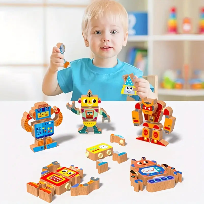 Creative Wooden Robot Assembly Toy – 6-Piece DIY Set
