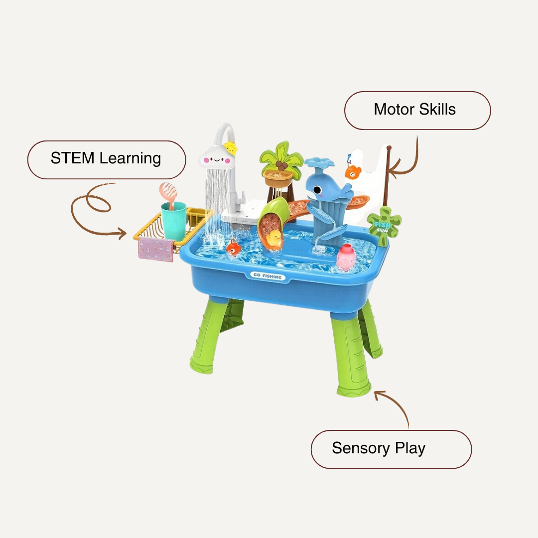 The Toyfetti Water Table – Multifunctional Outdoor Play Station with Pump, Faucet, and Sand Area offers kids a fun outdoor activity while promoting STEM learning, motor skills, and sensory play through water splashes and floating objects.
