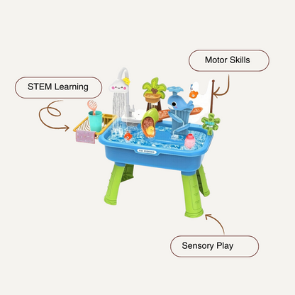 The Toyfetti Water Table – Multifunctional Outdoor Play Station with Pump, Faucet, and Sand Area offers kids a fun outdoor activity while promoting STEM learning, motor skills, and sensory play through water splashes and floating objects.
