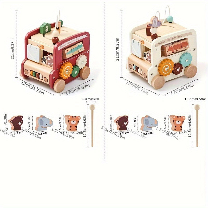 Wooden Animal Activity Bus – 6-in-1 Early Learning Maze, Shape Sorter-Toyfetti