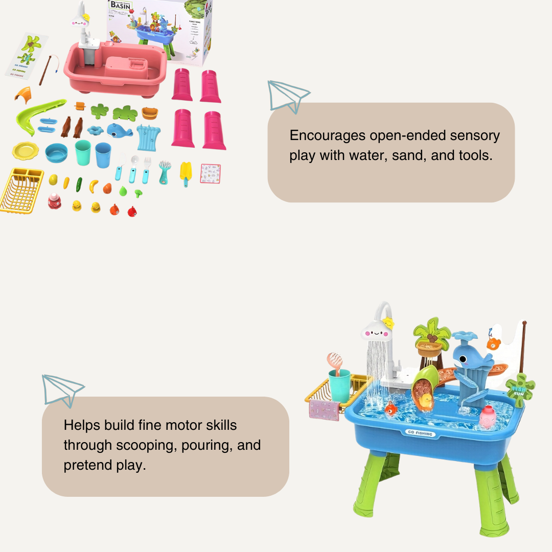 The Toyfetti Water Table – Multifunctional Outdoor Play Station with Pump, Faucet, and Sand Area offers toddlers a versatile sensory activity for open-ended play and fine motor skill development, perfect for indoor or outdoor use.