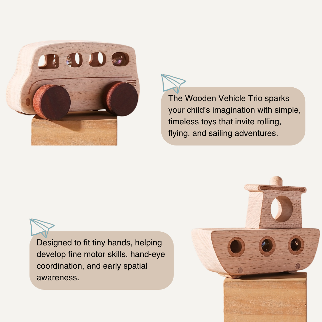 Wooden Vehicle Trio – Car, Airplane & Boat Set
