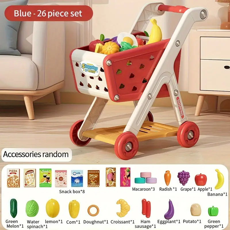 Mini Supermarket Shopping Cart Play Set — 17pcs/26pcs Role Play Food Toy for Kids