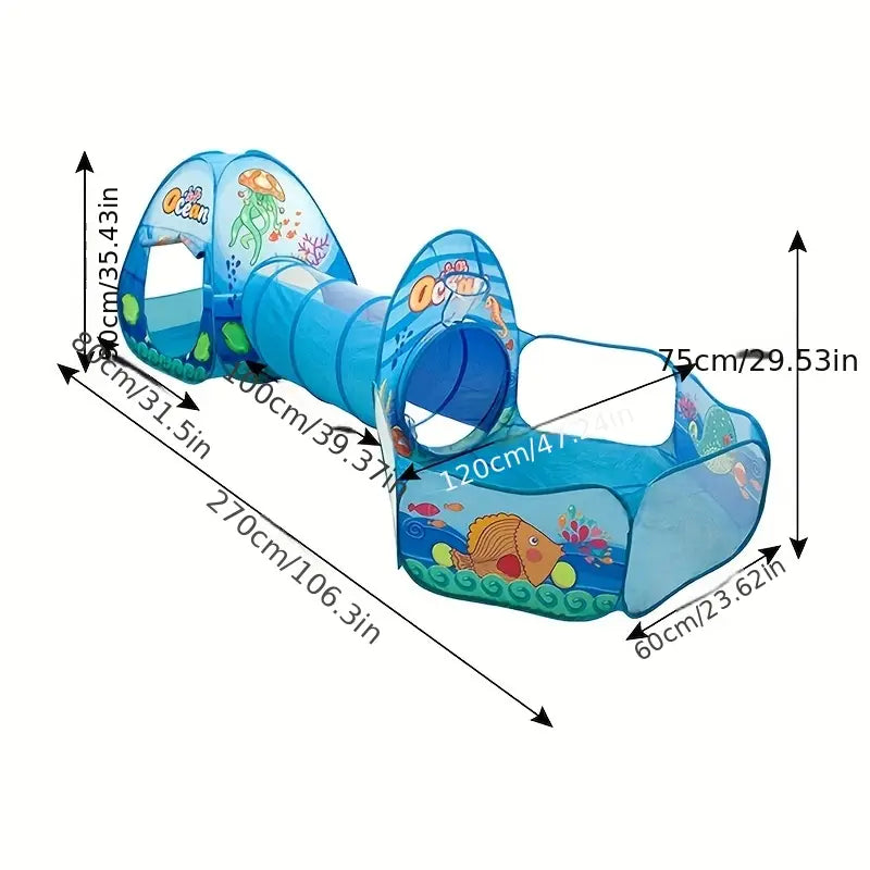 3-in-1 Ocean-Themed Ball Pit & Tunnel Castle Play Tent