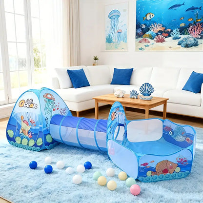 3-in-1 Ocean-Themed Ball Pit & Tunnel Castle Play Tent