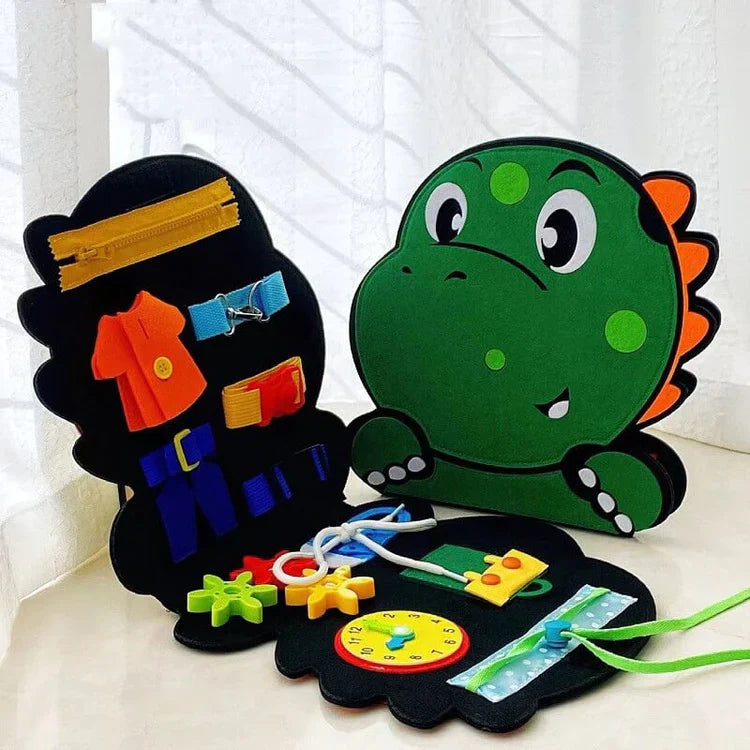 Montessori Dino Busy Board – Life Skills Learning Toy for Toddlers