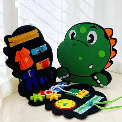 Montessori Dino Busy Board – Life Skills Learning Toy for Toddlers