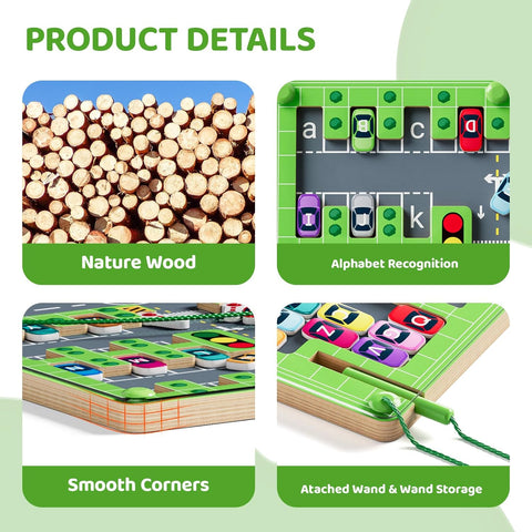 Montessori Vehicles Maze Board – Wooden Letter Matching & Fine Motor Puzzle