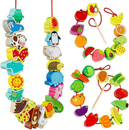 Montessori Wooden Lacing Set – Animals, Fruits & Veggies That Teach Through Play