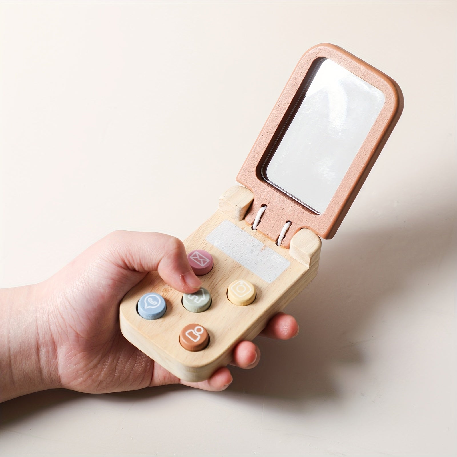 Wooden Bear Flip Phone Toy – Pretend Play Mobile with Mirror & Buttons-Toyfetti