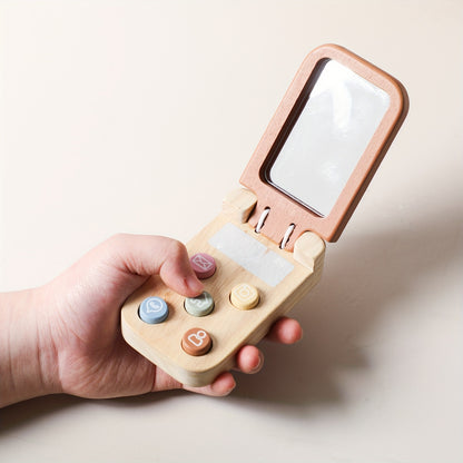 Wooden Bear Flip Phone Toy – Pretend Play Mobile with Mirror & Buttons-Toyfetti