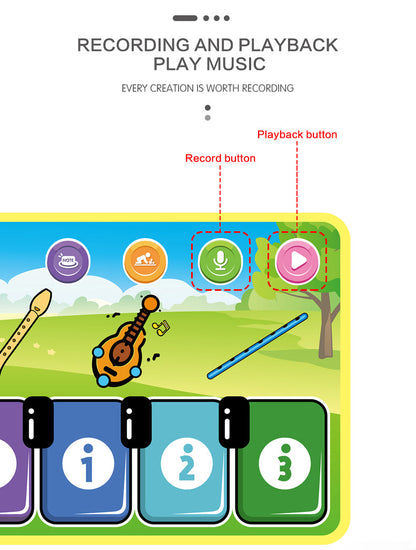 The Toyfetti Musical Dance Piano Mat offers a colorful user interface with labeled Record and Playback buttons, a guitar icon, and numbered keys in a playful outdoor scene, making music and movement fun for toddlers.