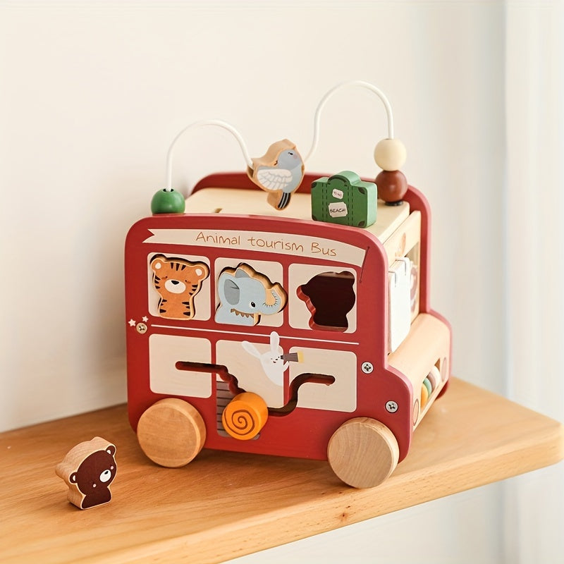 Wooden Animal Activity Bus – 6-in-1 Early Learning Maze, Shape Sorter-Toyfetti