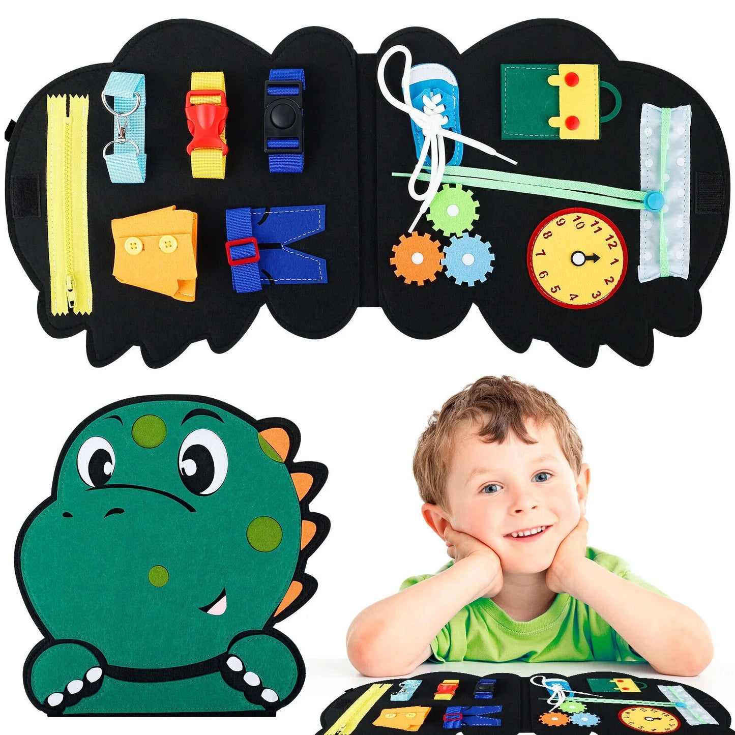 Montessori Dino Busy Board – Life Skills Learning Toy for Toddlers