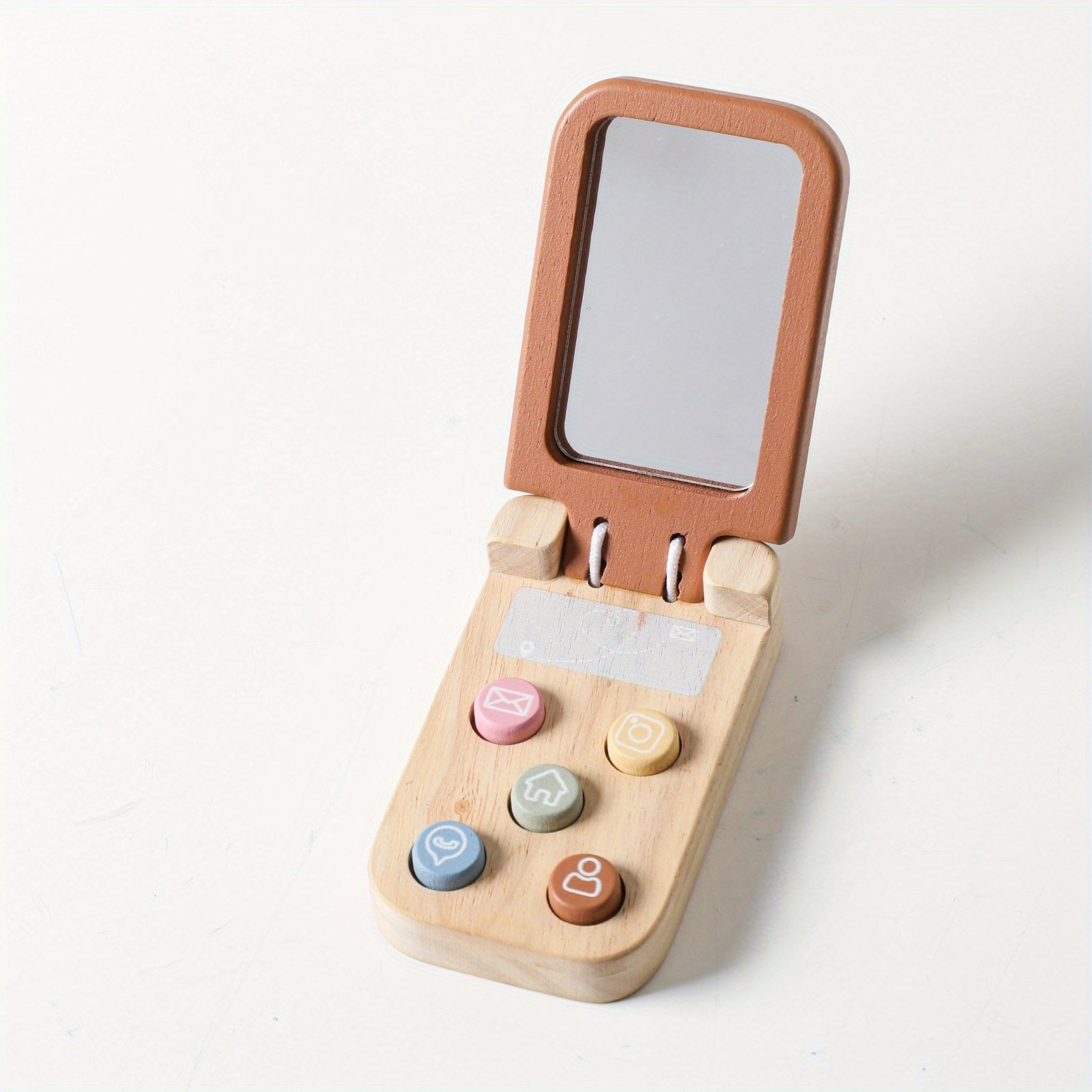 Wooden Bear Flip Phone Toy – Pretend Play Mobile with Mirror & Buttons-Toyfetti