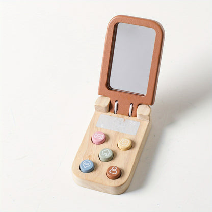 Wooden Bear Flip Phone Toy – Pretend Play Mobile with Mirror & Buttons-Toyfetti