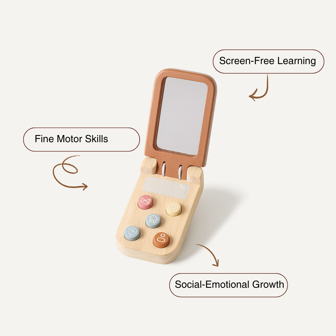 Wooden Bear Flip Phone Toy – Pretend Play Mobile with Mirror & Buttons