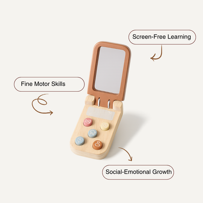 Wooden Bear Flip Phone Toy – Pretend Play Mobile with Mirror & Buttons