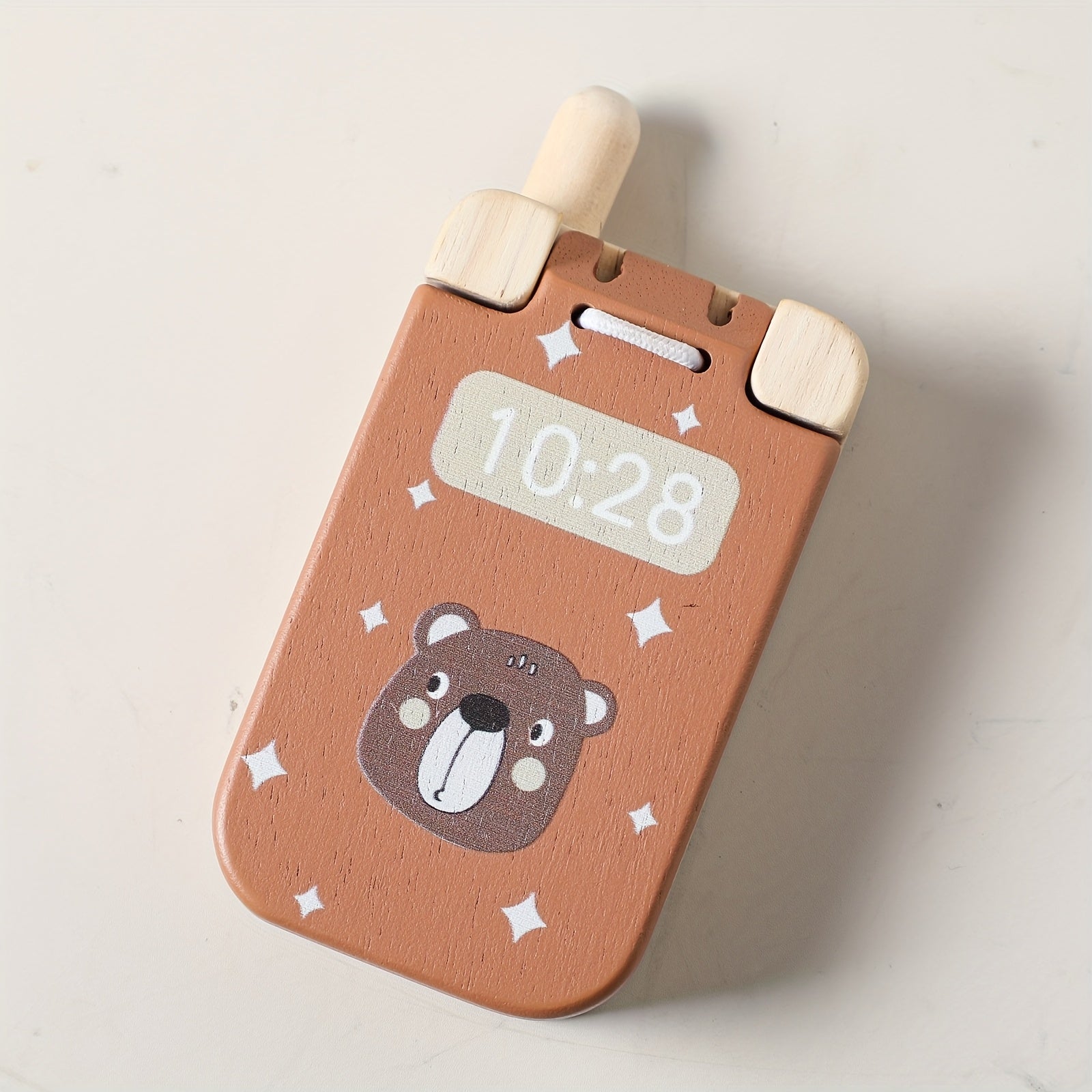 Wooden Bear Flip Phone Toy – Pretend Play Mobile with Mirror & Buttons-Toyfetti