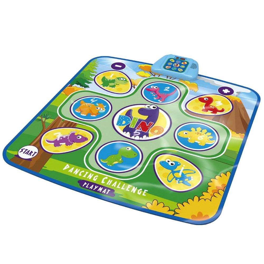The Toyfetti Interactive Dance Light Mat – LED Movement Game for Kids features cartoon dinosaurs, numbered steps, a control panel, playful backgrounds, and bright illustrations for a fun Dino Dancing Challenge Playmat experience.