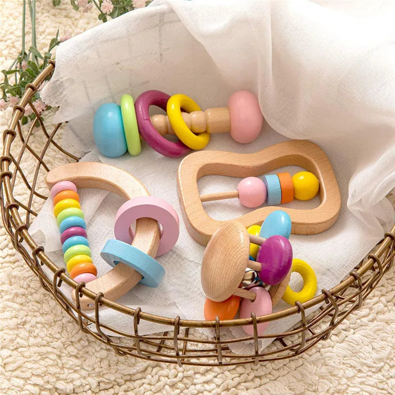 Montessori Wooden Rattles – 4-Piece Natural Sensory Set for Babies