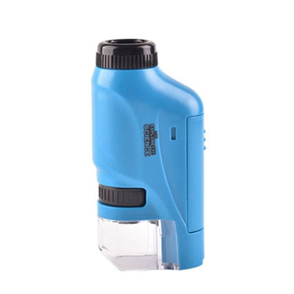The Kids Pocket Microscope – Compact LED Microscope is a small, handheld blue microscope with a black eyepiece, focus knob, clear base, and Mini Science printed on the side—perfect for curious young explorers.