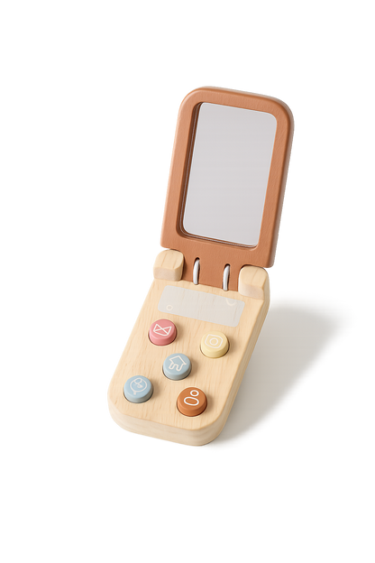 Wooden Bear Flip Phone Toy – Pretend Play Mobile with Mirror & Buttons-Toyfetti