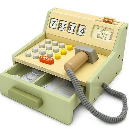 Wooden Kids Cash Register Playset – 35pcs Educational Pretend Shop-Toyfetti