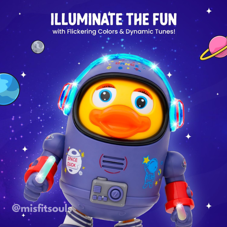 A DazzleDuck by Toyfetti in a blue astronaut suit with glowing helmet and wands, lights up and dances among planets on a purple background. Text: Bring fun to life with DazzleDucks vibrant lights & musical sounds—a cosmic toy adventure!.