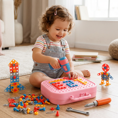 Child playing with toy tools and building set on a wooden floor