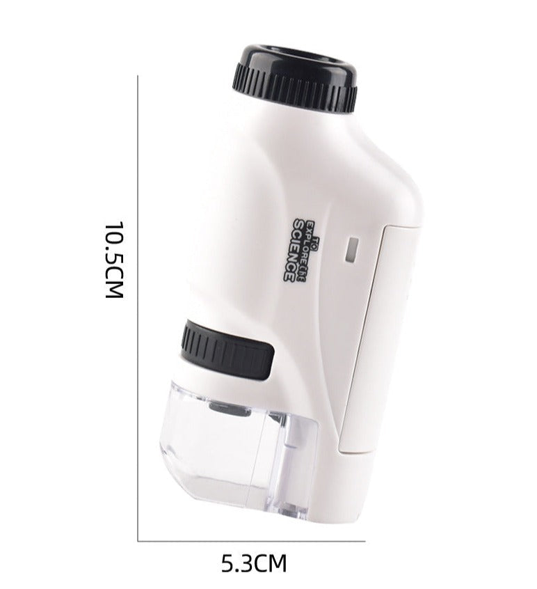The Kids Pocket Microscope – Compact LED Microscope is a white handheld device with black adjustment knobs, labeled SCIENCE. Measuring 10.5 cm tall and 5.3 cm wide, it features a clear bottom for specimen viewing on the go.