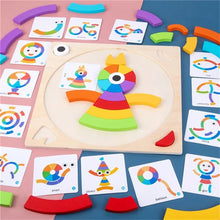 Toyfetti’s CreativeShape Board – Color & Pattern Wooden Puzzle Set features vibrant wooden pieces and illustrated animal and people cards on a blue-pink surface, offering kids an engaging, screen-free play experience.