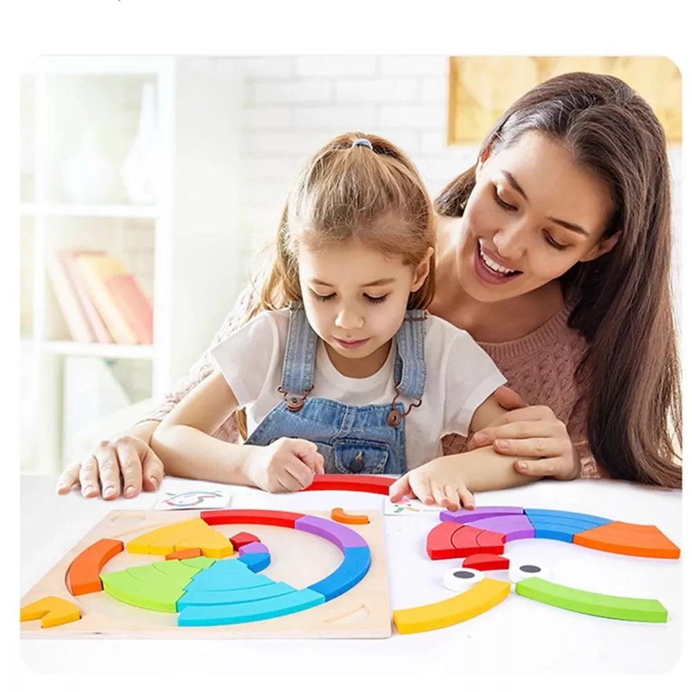 A young girl and a woman smile as they play with Toyfetti’s CreativeShape Board – Color & Pattern Wooden Puzzle Set, a perfect screen-free activity at the table in a bright, cozy room.