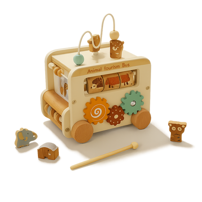 Wooden Animal Activity Bus – 6-in-1 Early Learning Maze, Shape Sorter-Toyfetti