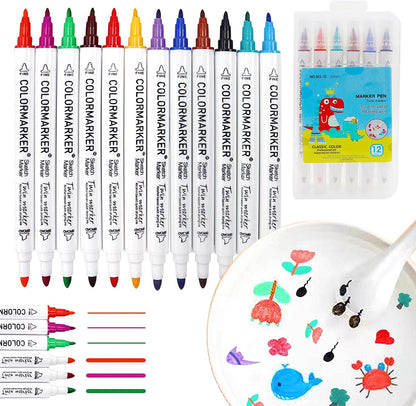 Twelve Magic Water Pen – 12 Floating Drawing Markers with fine tips are arranged in a row, a plastic case is displayed on the right, and below, a plate shows vibrant floating art made with the markers, including flowers and a blue whale.