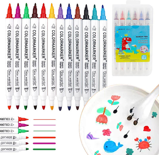 Twelve Magic Water Pen – 12 Floating Drawing Markers with fine tips are arranged in a row, a plastic case is displayed on the right, and below, a plate shows vibrant floating art made with the markers, including flowers and a blue whale.