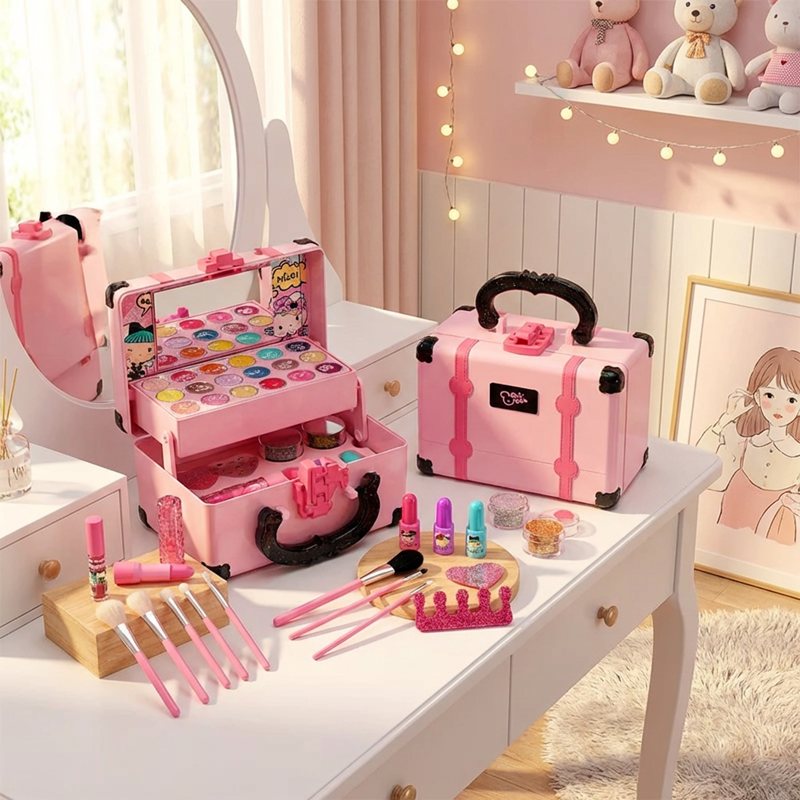 Toyfetti Princess Make-up Set for kids featuring colorful pretend beauty tools in a mess-free toddler vanity kit.