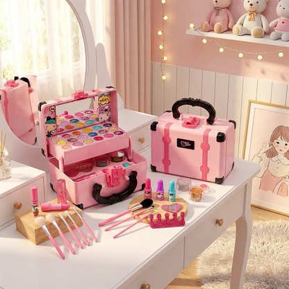 Toyfetti Princess Make-up Set for kids featuring colorful pretend beauty tools in a mess-free toddler vanity kit.