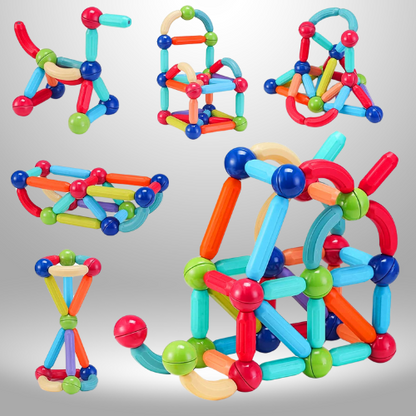 Toyfettis MagniBlocks™—The OG Magnetic Building Blocks—are vibrant magnetic sticks and balls that can be assembled into creative 3D animals, geometric shapes, and imaginative designs, all shown on a light gray background.