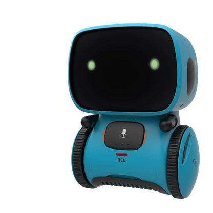 The Toyfetti Robomate | Jouw Muzikale Vriend - Slimme Robot is a small blue robot with a large black screen face displaying glowing eyes, wheels for movement, and a “REC” button—een ideale interactieve robot voor spraakontwikkeling.