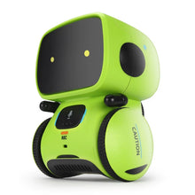 Robomate | Jouw Muzikale Vriend van Toyfetti is een kleine, felgroene interactieve robot met een zwart scherm als gezicht, twee gele ogen, wielen en het woord CAUTION op de zijkant—perfect voor spraakontwikkeling en fantasierijk spel.