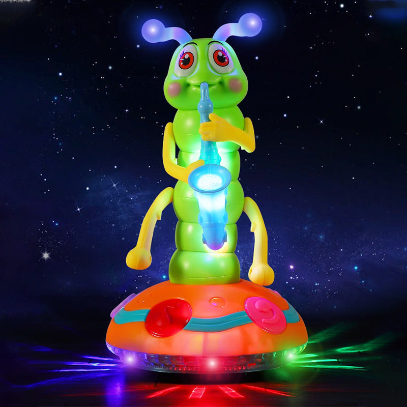 The Toyfetti Dancing Saxophone Caterpillar – Musical LED Toy for Toddlers features glowing antennae, light-up eyes, and a saxophone, all on a vibrant illuminated base—ideal for toddlers’ musical fun.