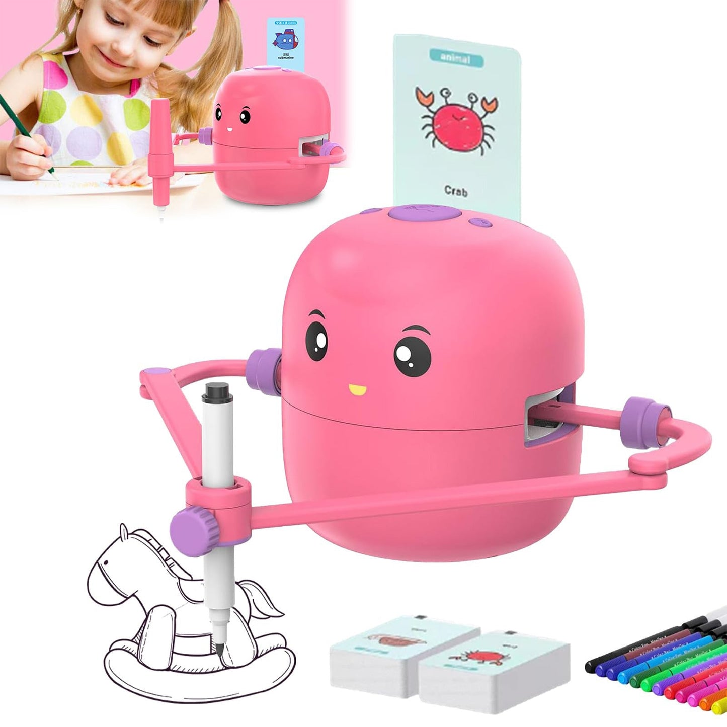 A girl uses her Toyfetti ArtBot – Interactive Drawing Robot for Kids, watching it sketch a rocking horse. Flashcards and markers are nearby as she enjoys creative, step-by-step learning and coloring at her desk with this smart companion.
