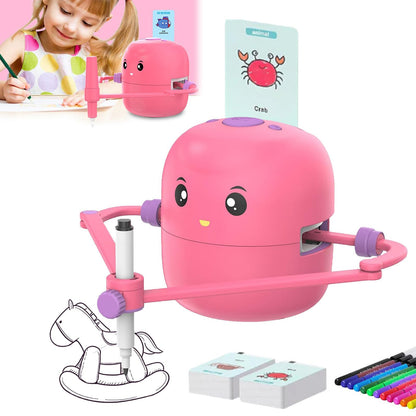 A girl uses her Toyfetti ArtBot – Interactive Drawing Robot for Kids, watching it sketch a rocking horse. Flashcards and markers are nearby as she enjoys creative, step-by-step learning and coloring at her desk with this smart companion.